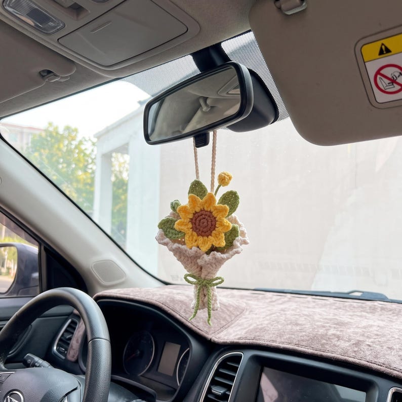 Handmade Crochet Sunflower Car Charm for Rearview Mirror