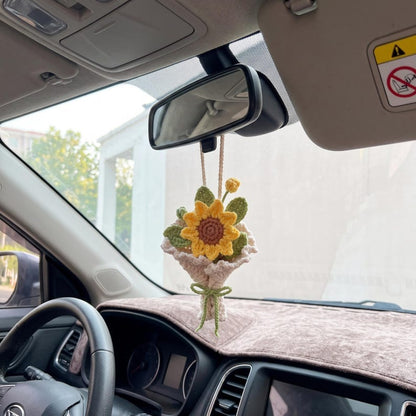 Handmade Crochet Sunflower Car Charm for Rearview Mirror