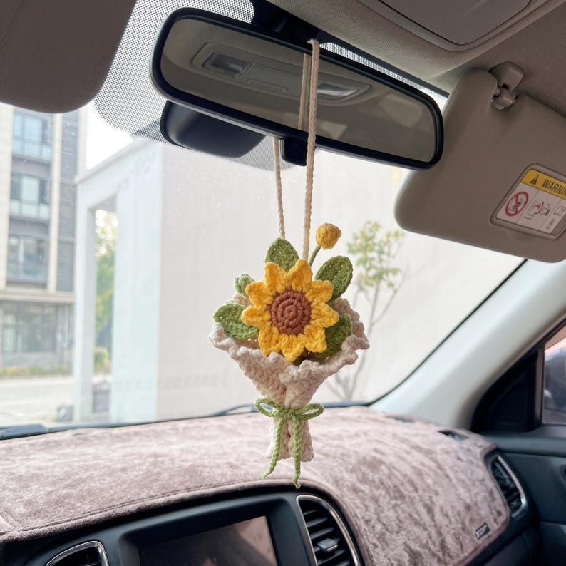 Handmade Crochet Sunflower Car Charm for Rearview Mirror