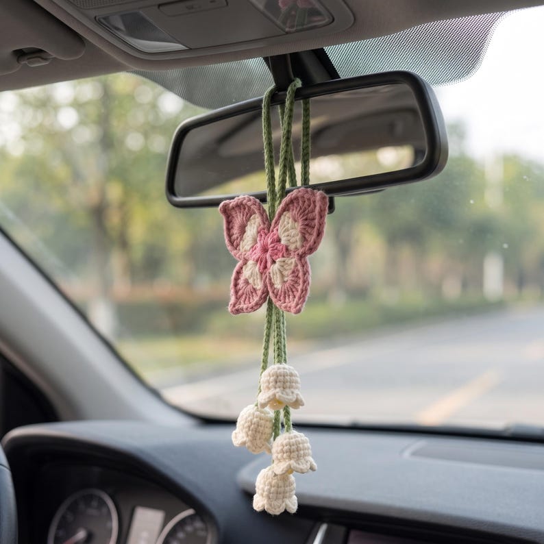 Handmade Crochet Butterfly Car Mirror Charm with Lily of the Valley Flowers
