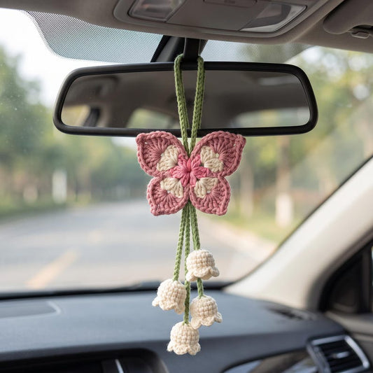 Handmade Crochet Butterfly Car Mirror Charm with Lily of the Valley Flowers