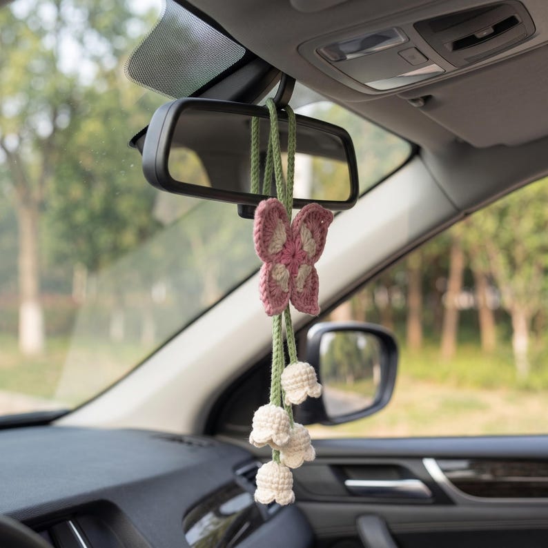 Handmade Crochet Butterfly Car Mirror Charm with Lily of the Valley Flowers