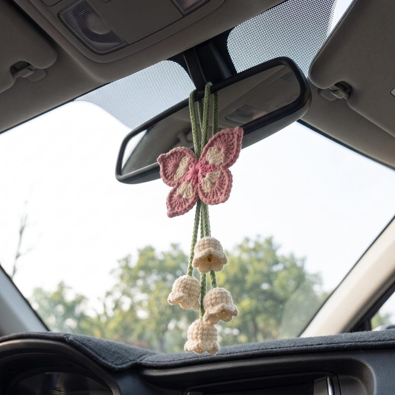 Handmade Crochet Butterfly Car Mirror Charm with Lily of the Valley Flowers