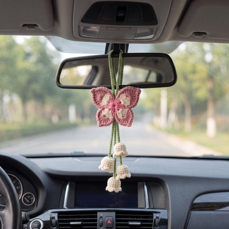 Handmade Crochet Butterfly Car Mirror Charm with Lily of the Valley Flowers