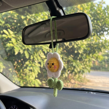Handmade Crochet Sunflower Mirror Charm for Car — Kawaii Amigurumi Daisy Ornament