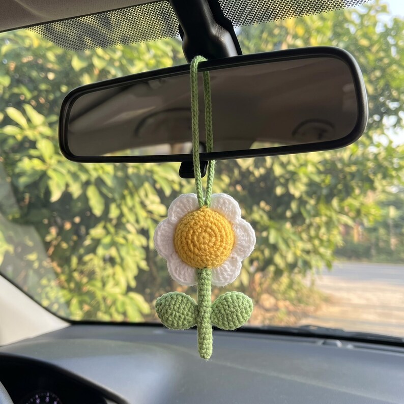 Handmade Crochet Sunflower Mirror Charm for Car — Kawaii Amigurumi Daisy Ornament