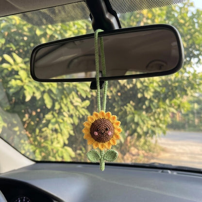 Handmade Crochet Sunflower Mirror Charm for Car — Kawaii Amigurumi Daisy Ornament