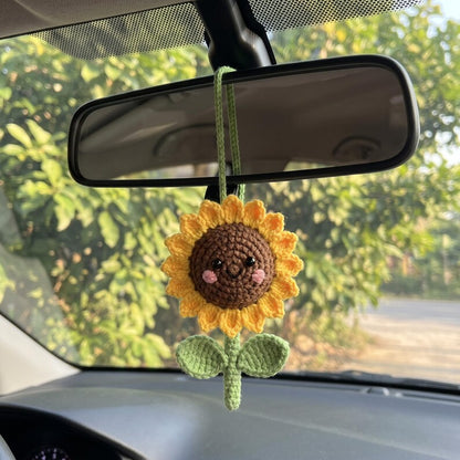 Handmade Crochet Sunflower Mirror Charm for Car — Kawaii Amigurumi Daisy Ornament