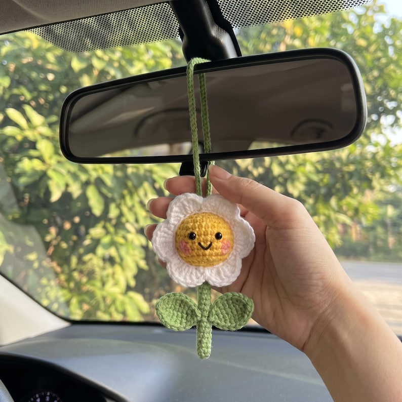 Handmade Crochet Sunflower Mirror Charm for Car — Kawaii Amigurumi Daisy Ornament