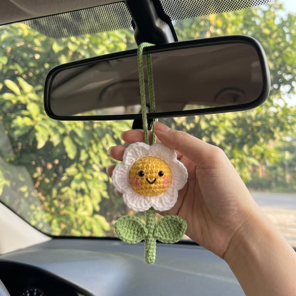 Handmade Crochet Sunflower Mirror Charm for Car — Kawaii Amigurumi Daisy Ornament