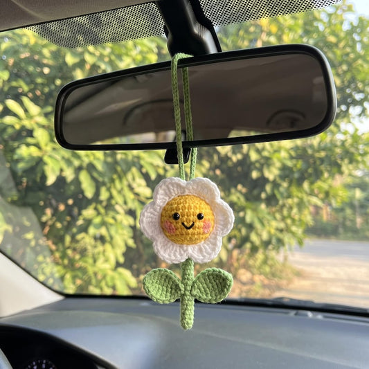 Handmade Crochet Sunflower Mirror Charm for Car — Kawaii Amigurumi Daisy Ornament