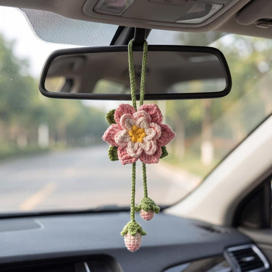 Handmade Crochet Flower Charm for Car Mirror, Cottagecore Pink Floral Accessory
