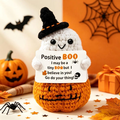 Handmade Crochet Ghost Plush, Positive Halloween Amigurumi, Cute Pumpkin Desk Decor, Spooky Season Gift