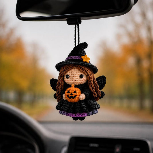 Halloween Witch Car Charm, Crochet Spooky Rearview Mirror Accessory, Cute Amigurumi Goth Decor, Pumpkin Witch Doll Gift