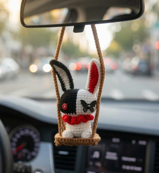 Gothic Bunny Car Hanging, Crochet Rearview Mirror Charm, Patchwork Rabbit Amigurumi, Halloween Car Accessory Gift