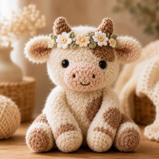 Floral Crown Highland Cow Crochet Plush, Handmade Fluffy Amigurumi Cow, Cute Farmhouse Decor, Cottagecore Cow Gift, Soft Cow Plushie