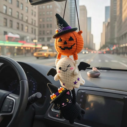 Crochet Halloween Car Mirror Hanger, Pumpkin Ghost Black Cat Witch Hat Amigurumi Charm, Cute Rearview Mirror Accessory, Car Decor Gift