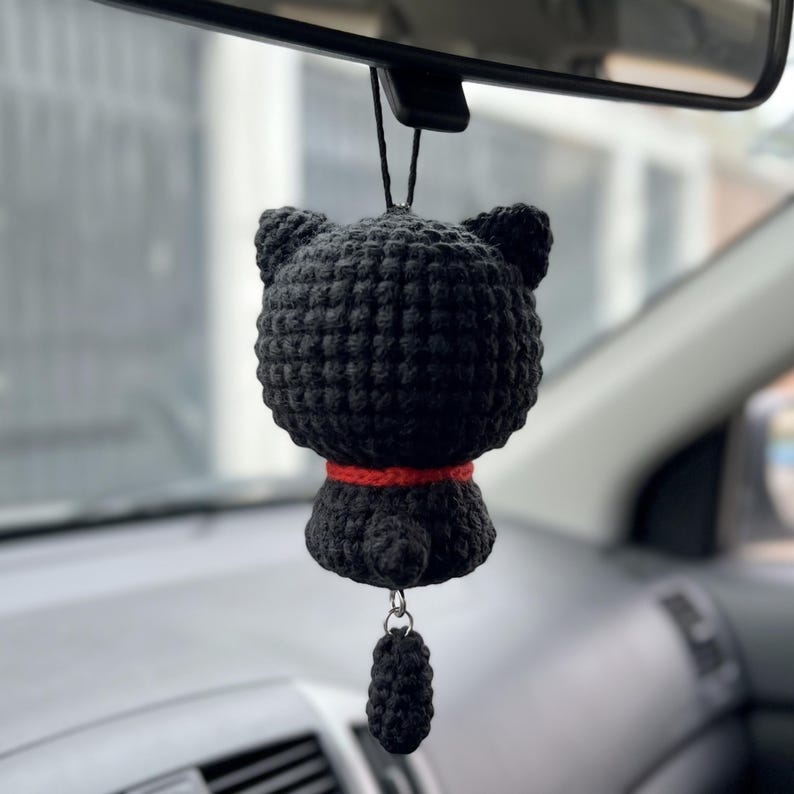 Handmade Crochet Cat Charm for Car Rearview Mirror
