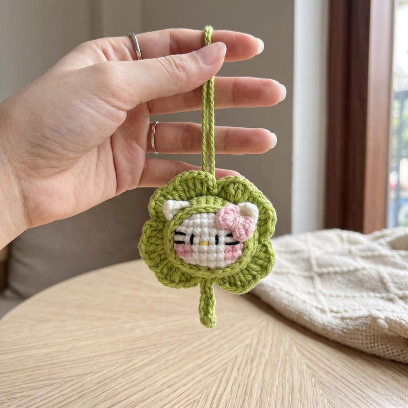 Handmade Kawaii Cat Car Charm — Cute Crochet Rearview Mirror Hanging
