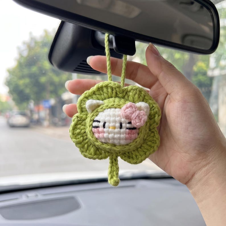 Handmade Kawaii Cat Car Charm — Cute Crochet Rearview Mirror Hanging