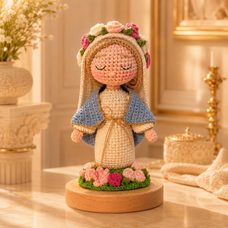 Crochet Our Lady of Fatima Doll, Amigurumi Virgin Mary Plush, Catholic First Communion Gift for Girls, Blessed Mother Statue, Baptism Gift