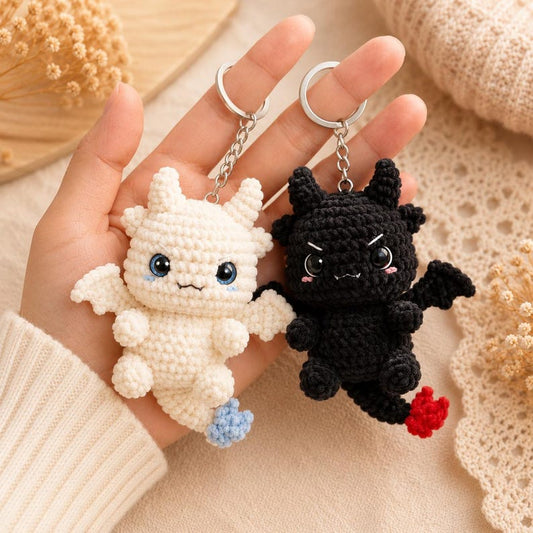 Handmade Crochet Dragon Keychain – Night Fury & Light Fury Plush, Couple keychain, Valentine Gift