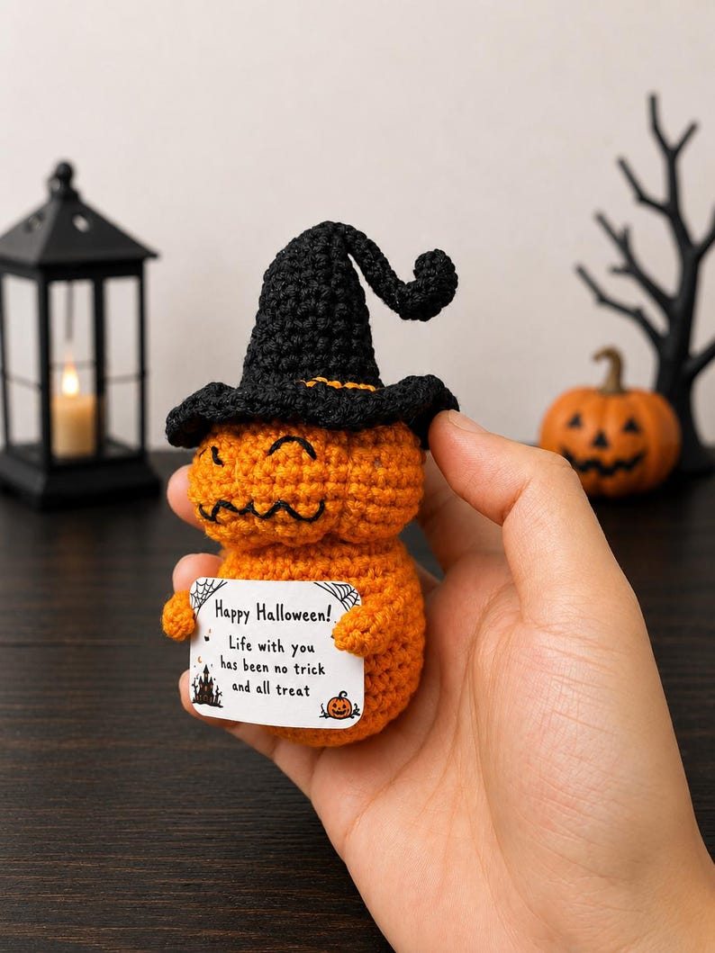 Crochet Pumpkin Witch Halloween Doll | Positive Message Desk Decor, Spooky Couple Gift, Funny Halloween Gift, Cute Halloween Decor