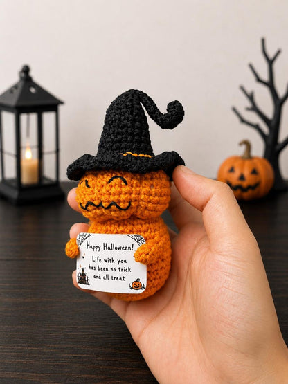 Crochet Pumpkin Witch Halloween Doll | Positive Message Desk Decor, Spooky Couple Gift, Funny Halloween Gift, Cute Halloween Decor