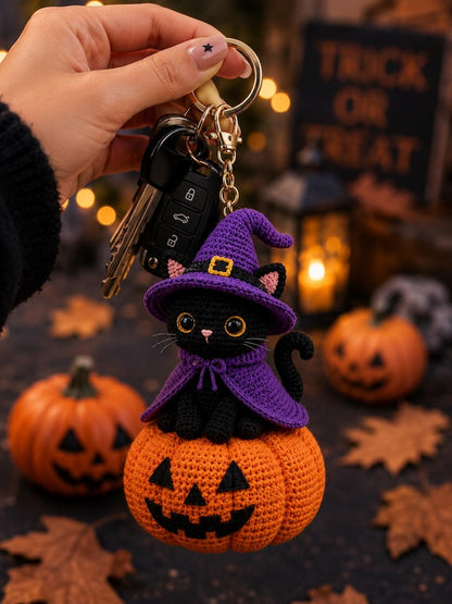 Crochet Black Cat Witch on Pumpkin, Halloween Crochet Decor, Black Cat Car Hanger, Witch Cat Keychain, Handmade Halloween Gift