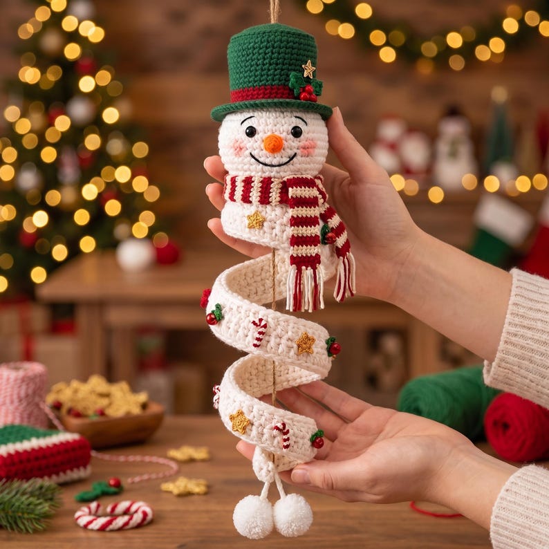 Crochet Snowman Door Hanger, Christmas Wall Decor, Handmade Winter Ornament, Festive Front Door Decoration, Holiday Gift