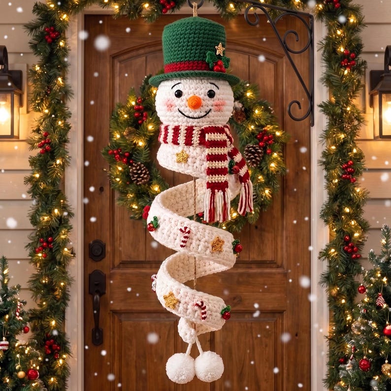 Crochet Snowman Door Hanger, Christmas Wall Decor, Handmade Winter Ornament, Festive Front Door Decoration, Holiday Gift