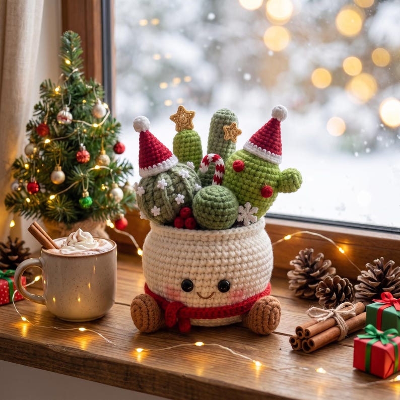 Christmas Cactus Crochet Pot, Cute Holiday Cactus Decor, Handmade Amigurumi Plant, Christmas Desk Decor, Plant Lover Gift