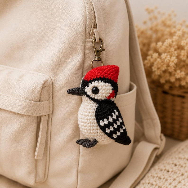 Crochet Woodpecker Keychain, Amigurumi Bird Car Charm, Rear View Mirror Hanging Accessories, Cute Plush Backpack Pendant, Bird Lover Gift