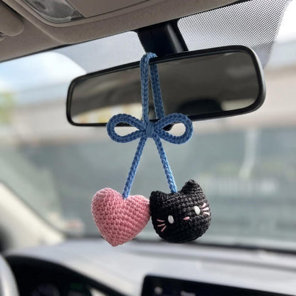 Crochet Cat Heart Car Hanging, Handmade Rearview Mirror Charm, Kawaii Amigurumi Decor