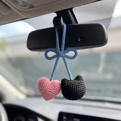 Crochet Cat Heart Car Hanging, Handmade Rearview Mirror Charm, Kawaii Amigurumi Decor