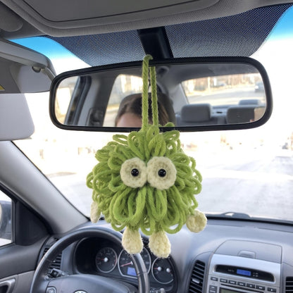 Handmade Lime Green Monster Crochet Car Charm — Kawaii Rearview Mirror Accessory
