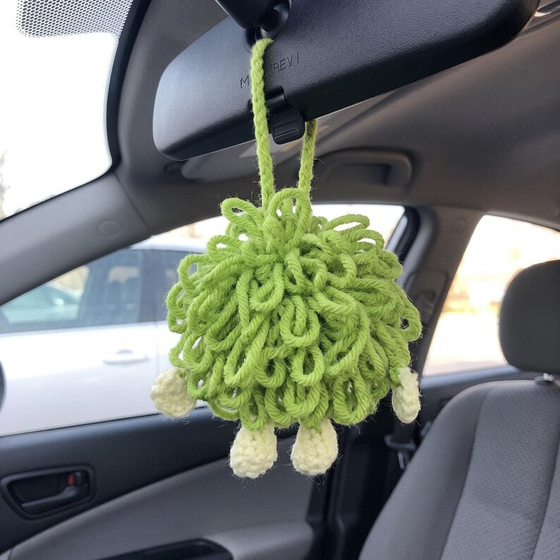 Handmade Lime Green Monster Crochet Car Charm — Kawaii Rearview Mirror Accessory