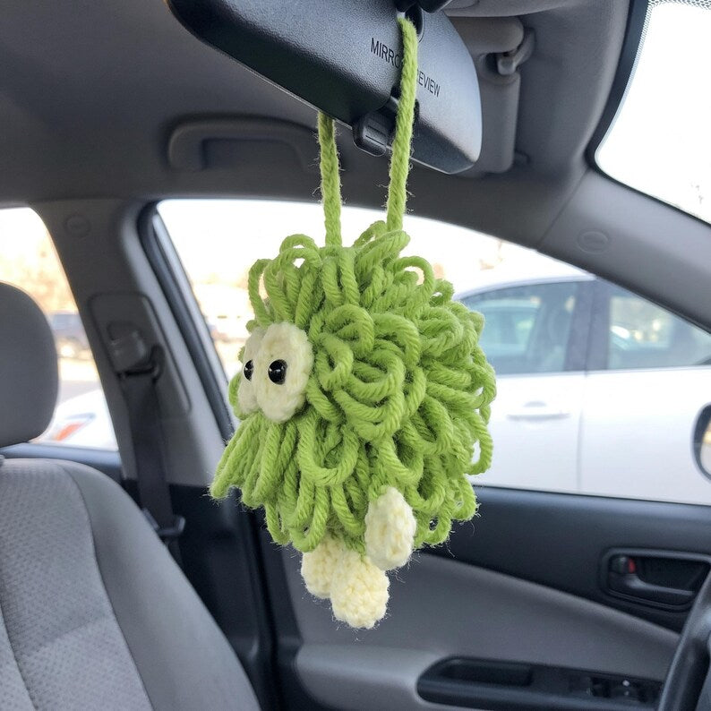 Handmade Lime Green Monster Crochet Car Charm — Kawaii Rearview Mirror Accessory
