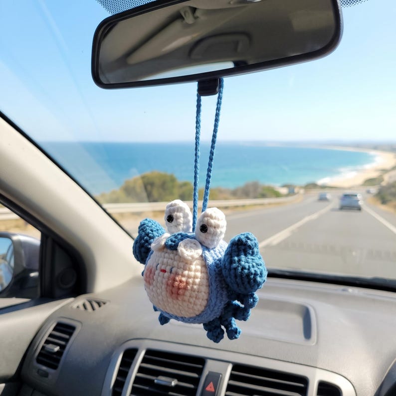 Handmade Kawaii Crab Crochet Car Charm with Rearview Mirror Hanger