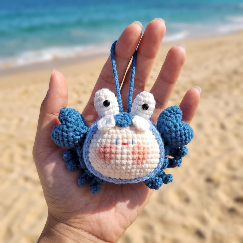 Handmade Kawaii Crab Crochet Car Charm with Rearview Mirror Hanger