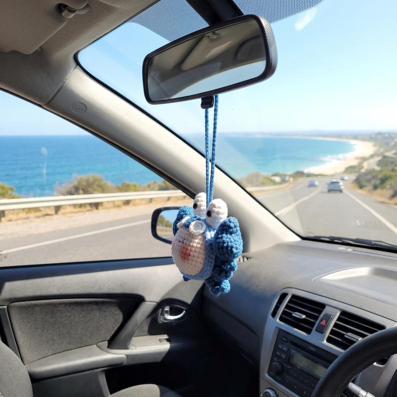 Handmade Kawaii Crab Crochet Car Charm with Rearview Mirror Hanger