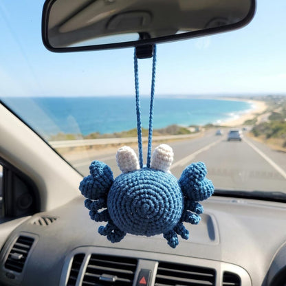 Handmade Kawaii Crab Crochet Car Charm with Rearview Mirror Hanger