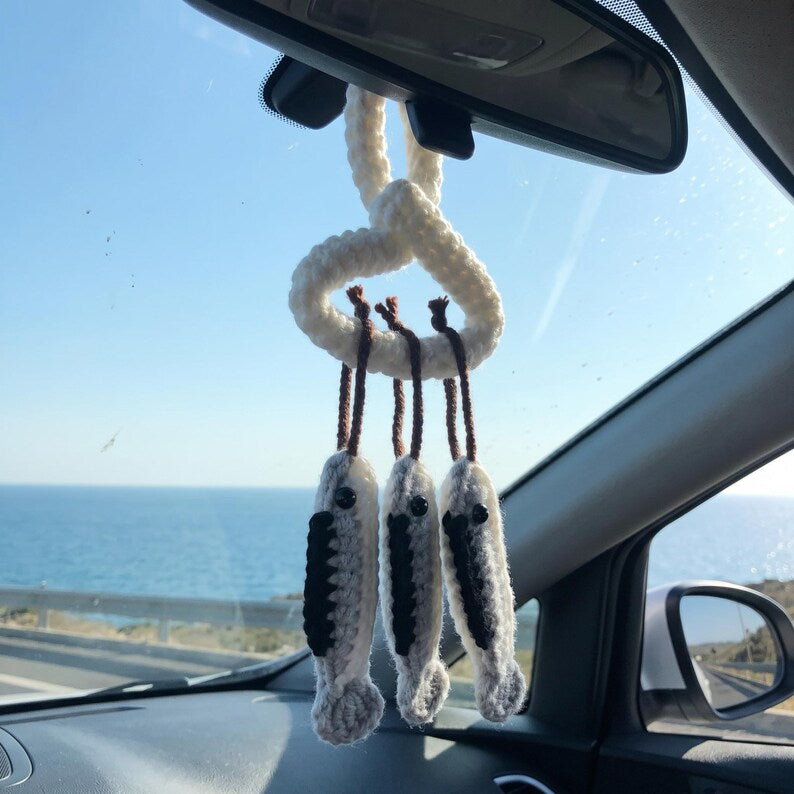 Handmade Boho Fish Skeleton Crochet Car Mirror Charms Set of 3