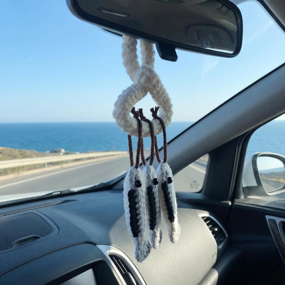 Handmade Boho Fish Skeleton Crochet Car Mirror Charms Set of 3