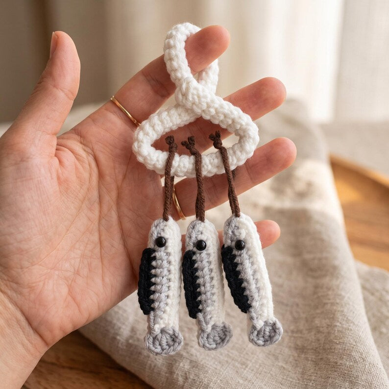 Handmade Boho Fish Skeleton Crochet Car Mirror Charms Set of 3
