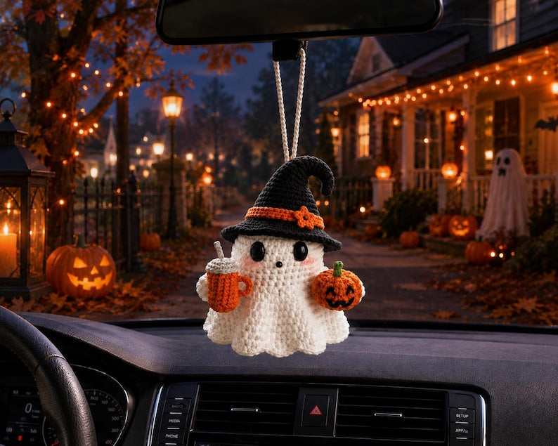 Crochet Ghost Car Charm with Eyeball,Halloween Rearview Mirror Hanging,Handmade Spooky Car Accessory,Cute Amigurumi Gift,Spooky Cute Gift