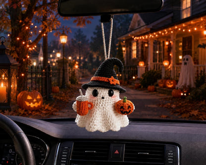 Crochet Ghost Car Charm with Eyeball,Halloween Rearview Mirror Hanging,Handmade Spooky Car Accessory,Cute Amigurumi Gift,Spooky Cute Gift