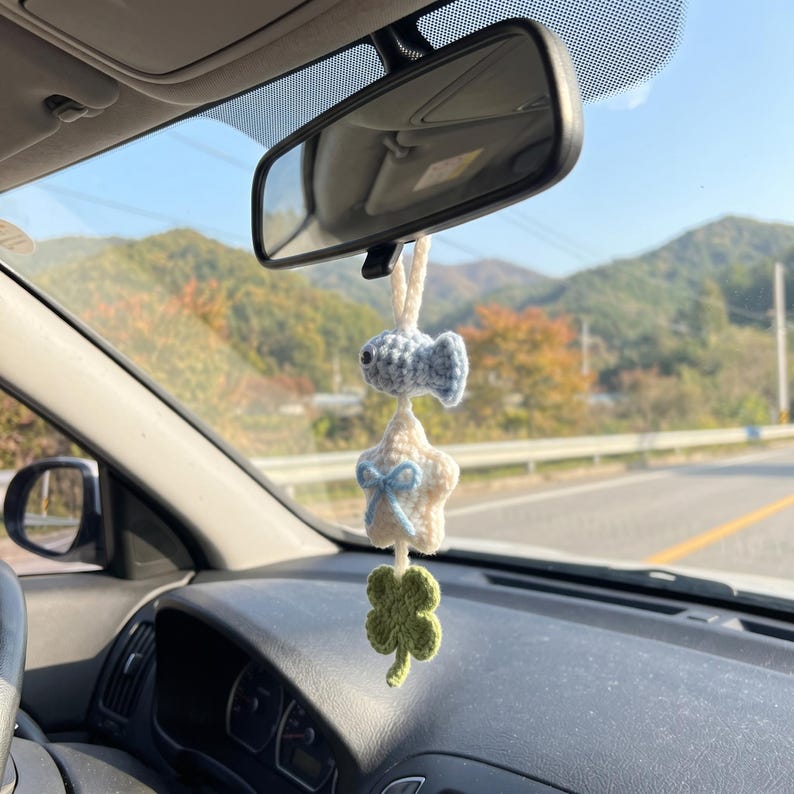 Handmade Crochet Car Charm with Fish, Star & Clover for Rearview Mirror
