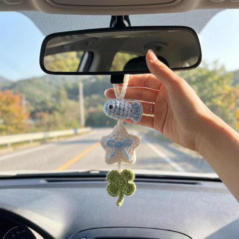 Handmade Crochet Car Charm with Fish, Star & Clover for Rearview Mirror