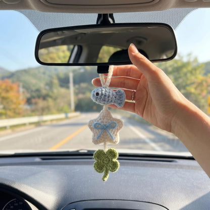 Handmade Crochet Car Charm with Fish, Star & Clover for Rearview Mirror